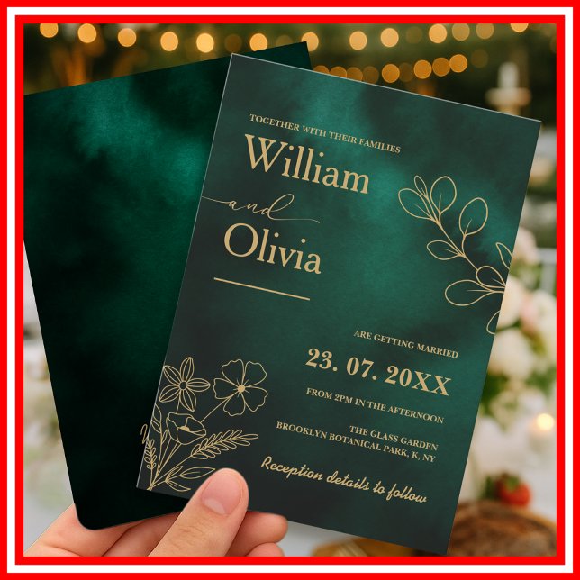 Convite Casamento Botânico Verde Esmeralda e Dourado (Criador carregado)