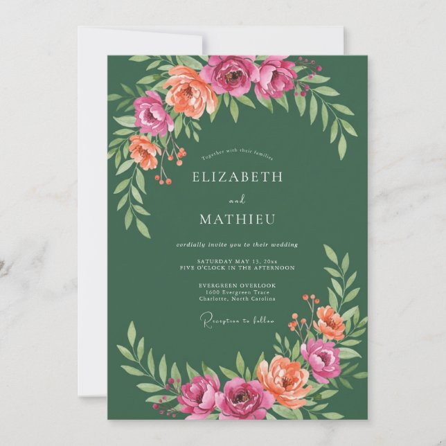 Convite Casamento Botânico Verde Floresta Rosa Pêssego (Frente)