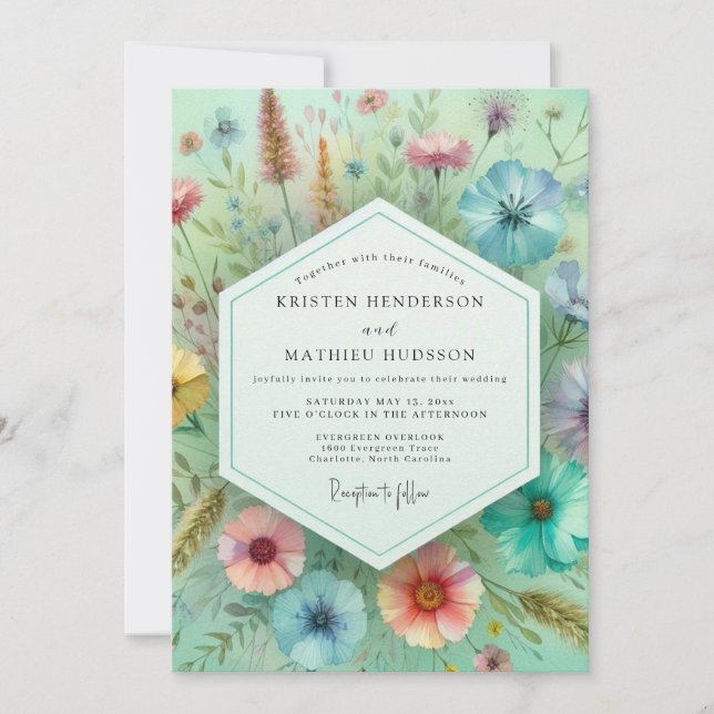 Convite Casamento Botânico Verde Menta Caprichoso (Frente)