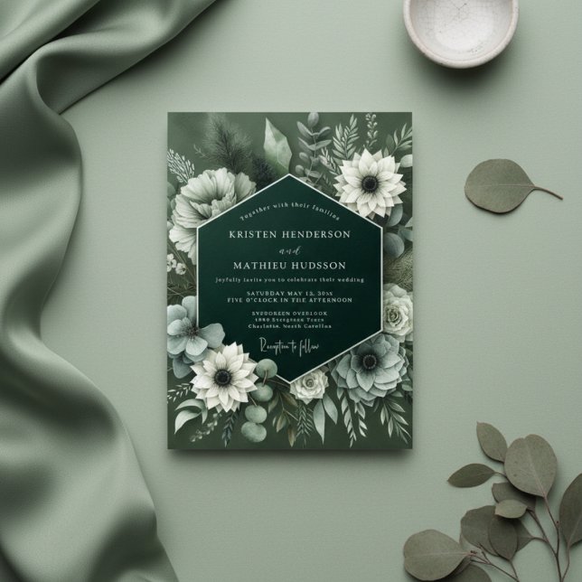 Convite Casamento Botânico Verde Profundo e Exuberante (Criador carregado)