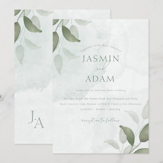 Convite Casamento Botânico Verde Sálvia Minimalista (Frente/Verso)