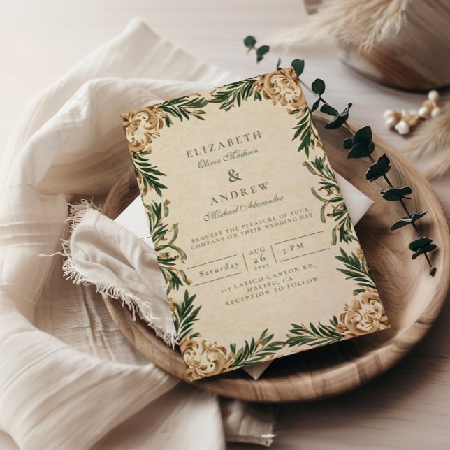 Convite Casamento Botânico Verde Vintage (Criador carregado)