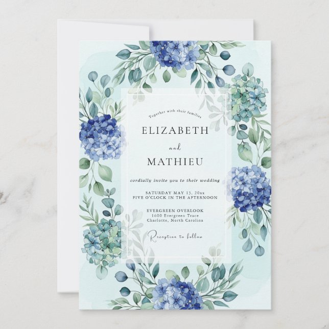 Convite Casamento Botânico Verdejante Azul Céu (Frente)