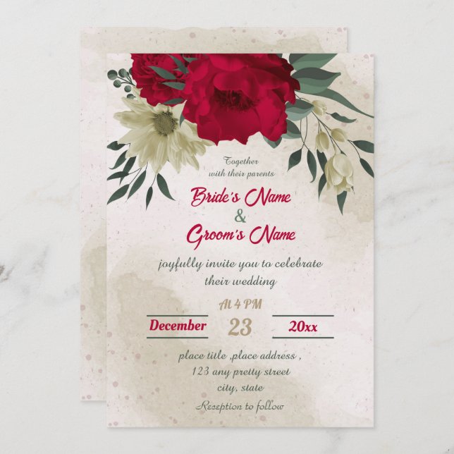 Convite casamento botânico vermelho-amarelo-claro (Frente/Verso)