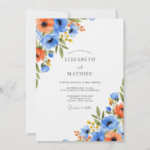 Convite Casamento Botânico Vibrante Azul Laranja