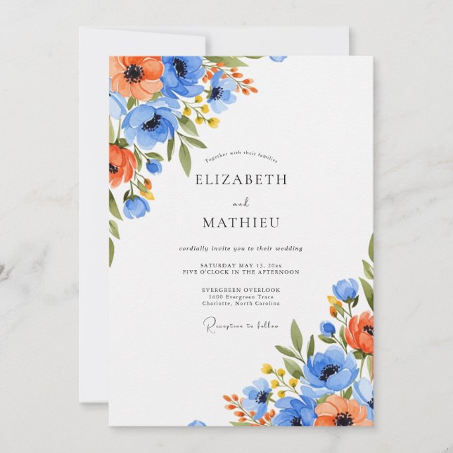 Convite Casamento Botânico Vibrante Azul Laranja (Frente)