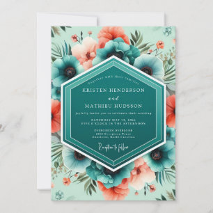 Convite Casamento Botânico Vibrante Coral Verde-água