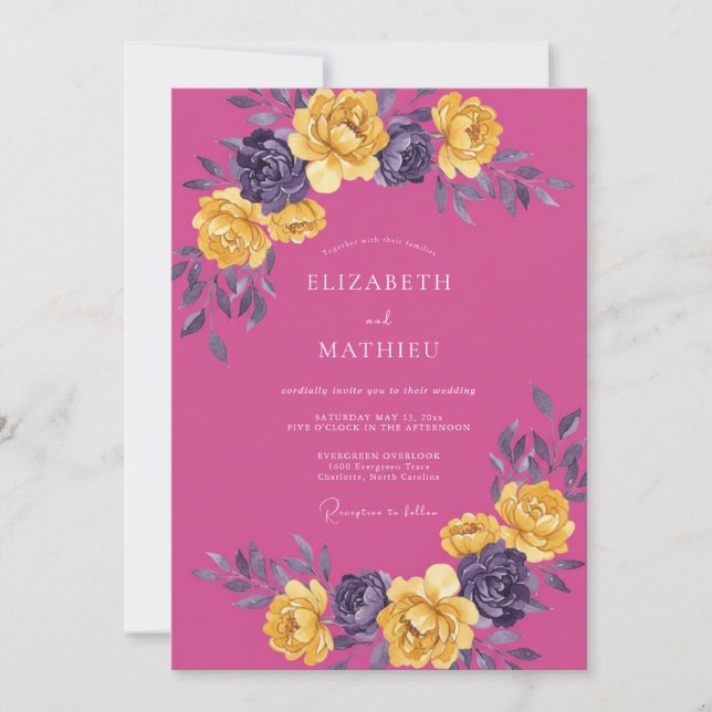 Convite Casamento Botânico Vibrante em Fuchsia (Frente)