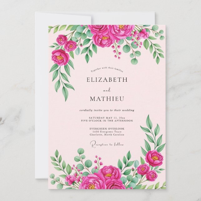 Convite Casamento Botânico Vibrante Rosa Quente (Frente)