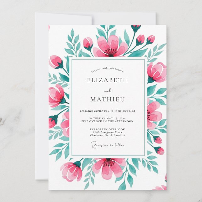 Convite Casamento Botânico Vibrante Rosa Teal (Frente)