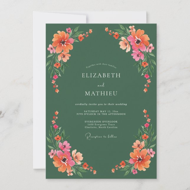 Convite Casamento Botânico Vibrante Verde Esmeralda (Frente)