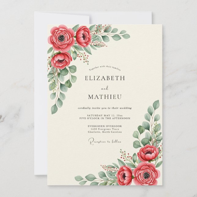 Convite Casamento Botânico Vibrante Vermelho (Frente)