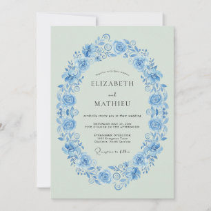 Convite Casamento Botânico Vintage Azul Centáurea