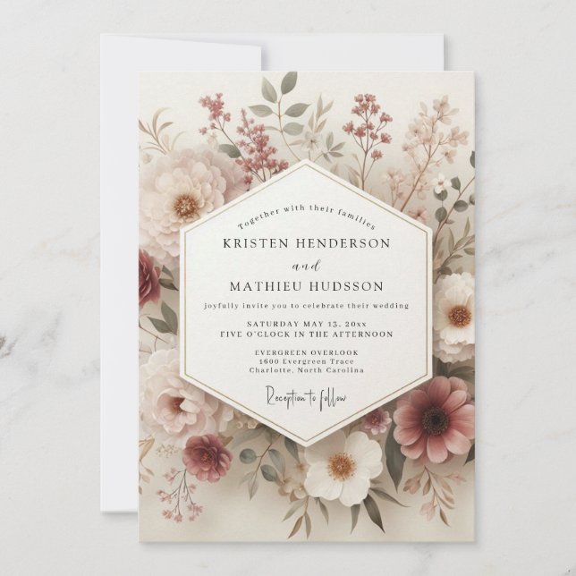 Convite Casamento Botânico Vintage Blush (Frente)