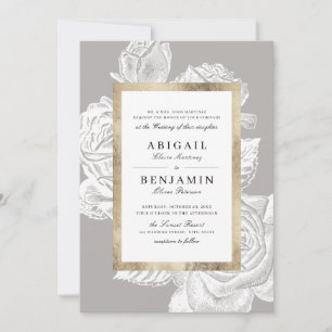 Convite Casamento botânico vintage cinza dourado rosa de l