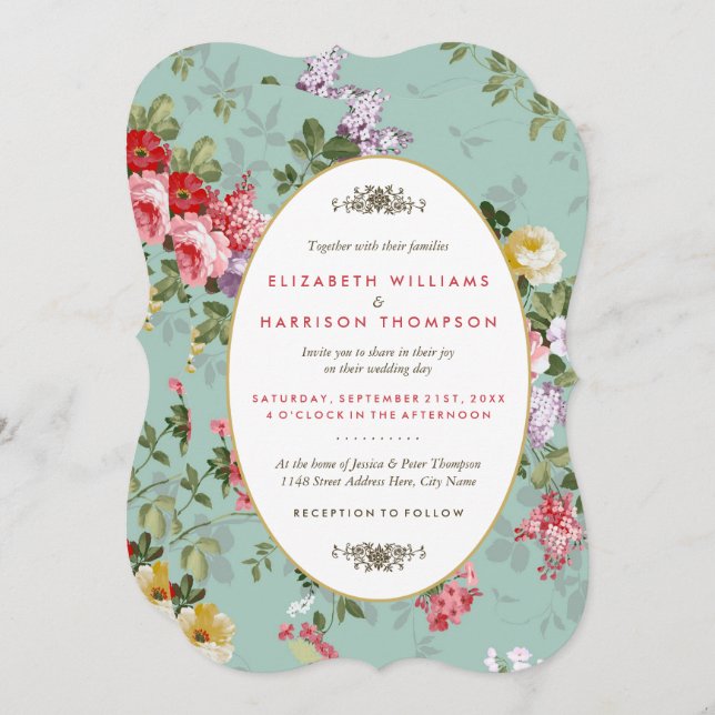 Convite Casamento Botânico Vintage Floral Garden (Frente/Verso)