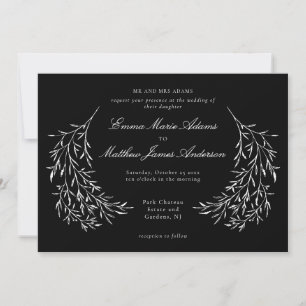 Convite Casamento Botânico Vintage Preto Folhagem Elegante