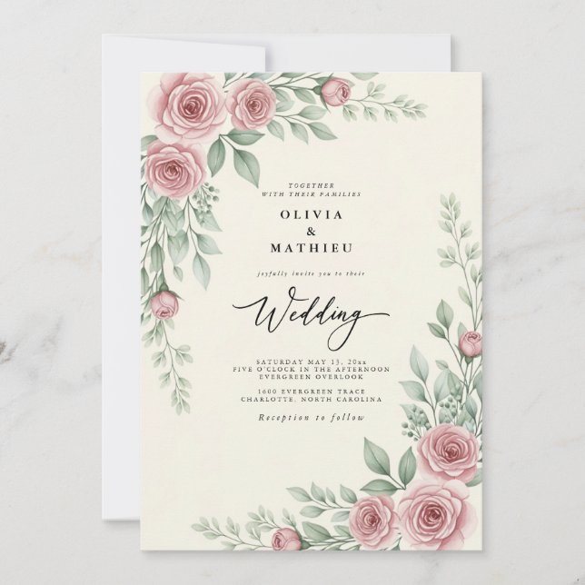 Convite Casamento Botânico Vintage Rosa Bege (Frente)