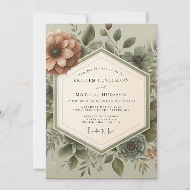 Convite Casamento Botânico Vintage Sage (Frente)