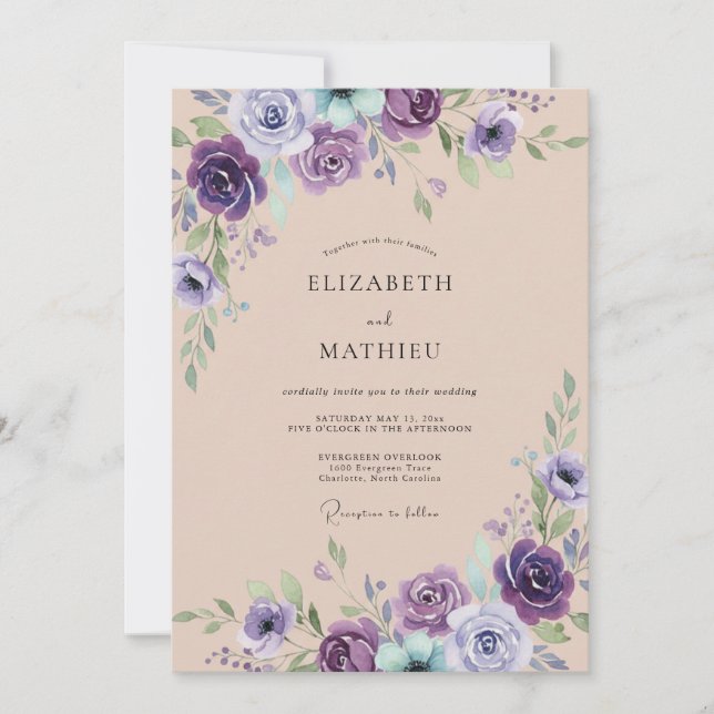 Convite Casamento Botânico Violeta Gracioso (Frente)
