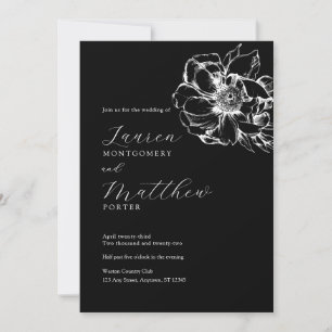 Convite Casamento Branca e Preto de Peonia Floral Moderna