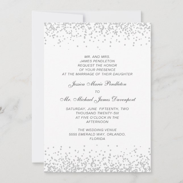 Convite Casamento Branca Elegante Formal com Brilho Prata (Frente)