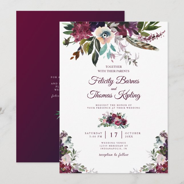 Convite Casamento Branca Floral Floral do Burgundy Splendo (Frente/Verso)