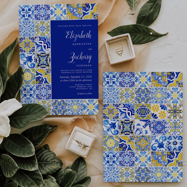 Convite Casamento Branco Amarelo Azul-Azulejo Russo (Criador carregado)