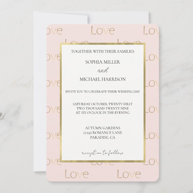 Convite Casamento Branco Amor Dourado Rosa Bege (Frente)