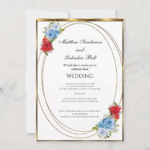 Convite Casamento Branco Azul Flores Vermelhas dourado Ele
