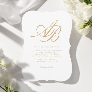 Convite Casamento Branco Bege Dourado Monograma Elegante