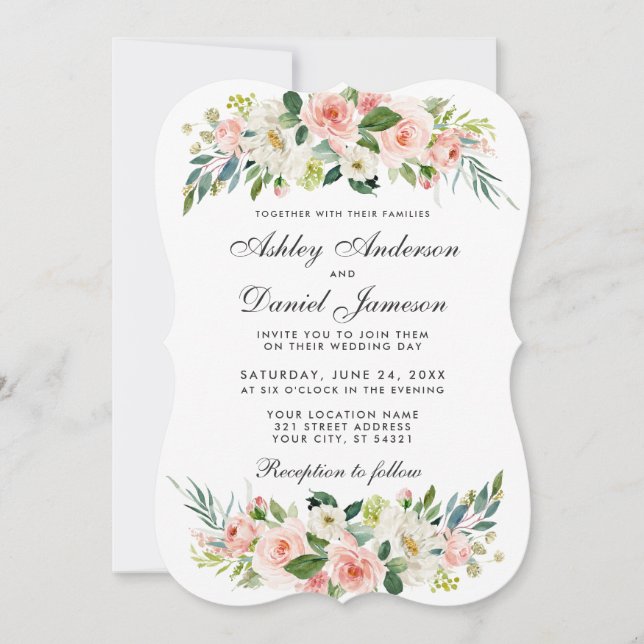 Convite Casamento Branco Blush, Cor Floral, Cor-de-Água, C (Frente)