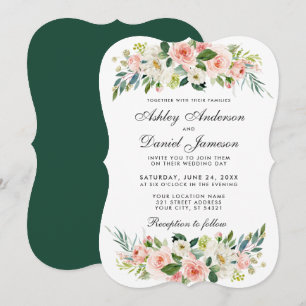 Convite Casamento Branco Blush, Cor Floral, Cor-de-Rosa, B