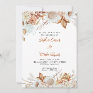 Convite Casamento Branco Boho com Flores Marrons Rústicas