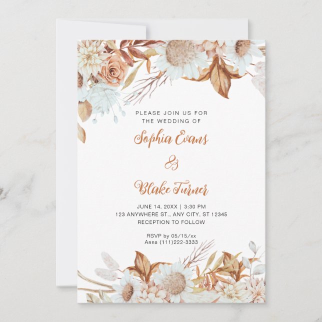 Convite Casamento Branco Boho com Flores Marrons Rústicas (Frente)