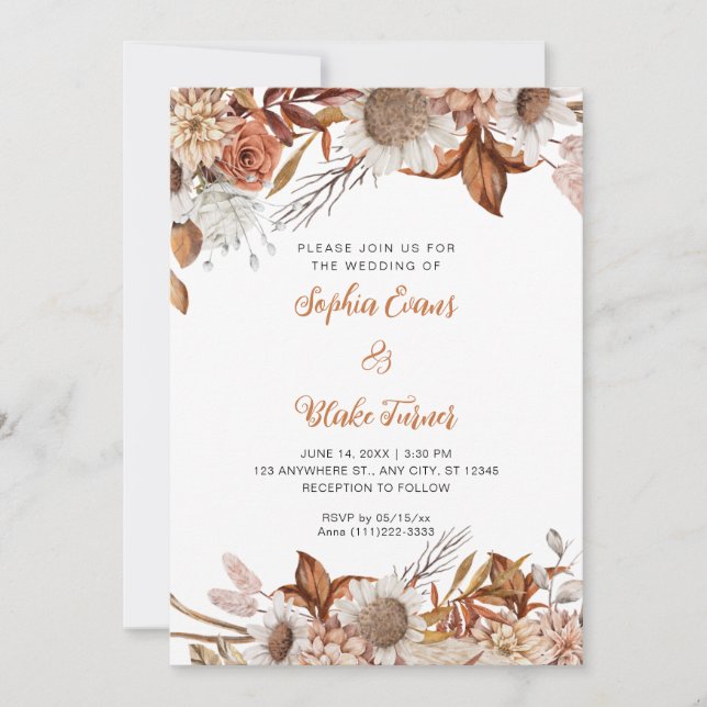 Convite Casamento Branco Boho com Flores Marrons Rústicas (Frente)