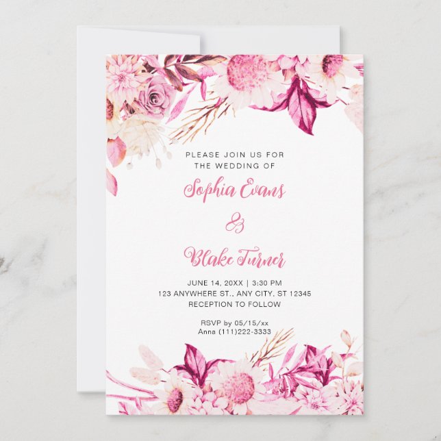Convite Casamento Branco Boho com Flores Rosa e Branca (Frente)