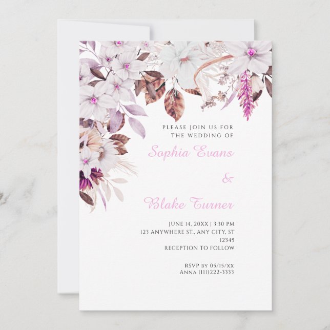 Convite Casamento Branco Boho com Flores Rosa Outono Branc (Frente)