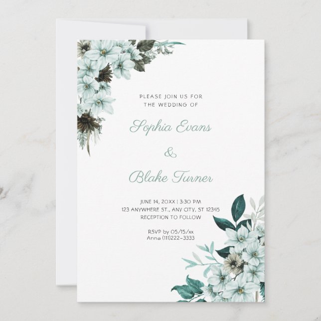 Convite Casamento Branco Boho Flores Verde Rústico (Frente)