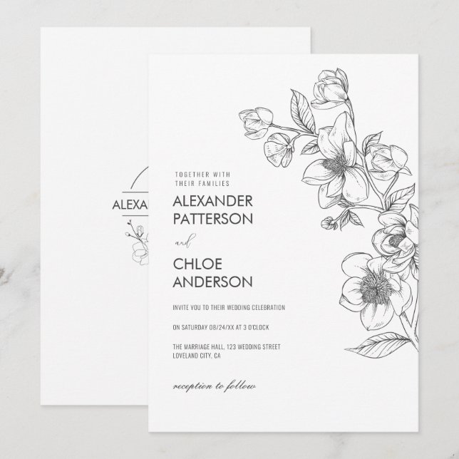 Convite Casamento Branco Botânico Floral Moderno Simples (Frente/Verso)