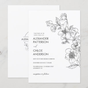 Convite Casamento Branco Botânico Floral Moderno Simples