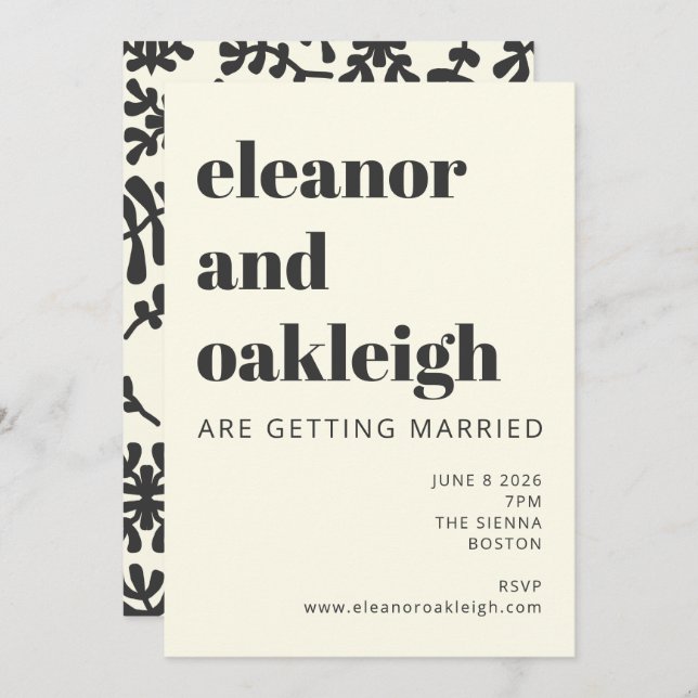 Convite Casamento Branco Botânico Preto Moderno Boho Matis (Frente/Verso)