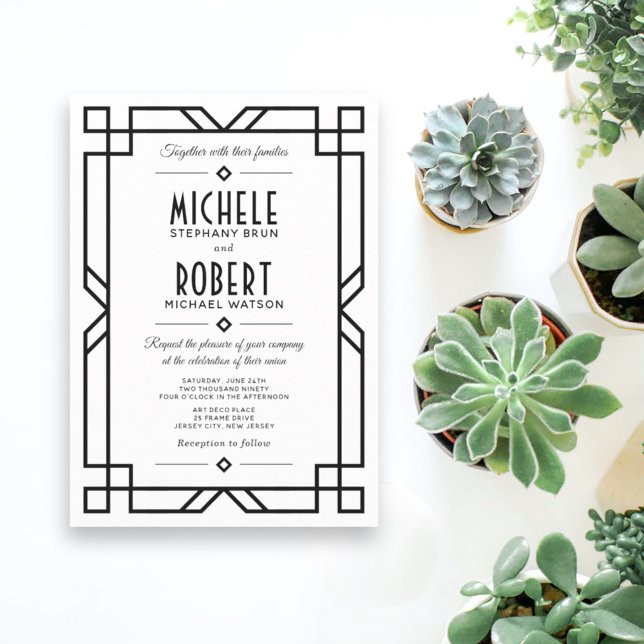 Convite Casamento Branco Clássico Art Deco Moderno Quadro  (Criador carregado)