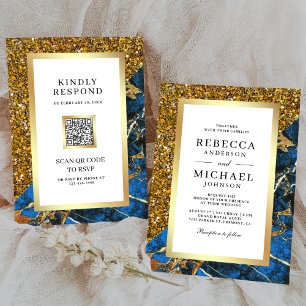 Convite Casamento Branco Código QR Azul Real Mármore Doura