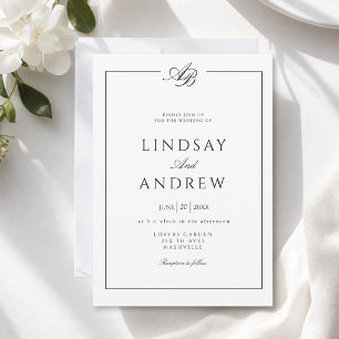Convite Casamento Branco com Borda de Monograma Elegante
