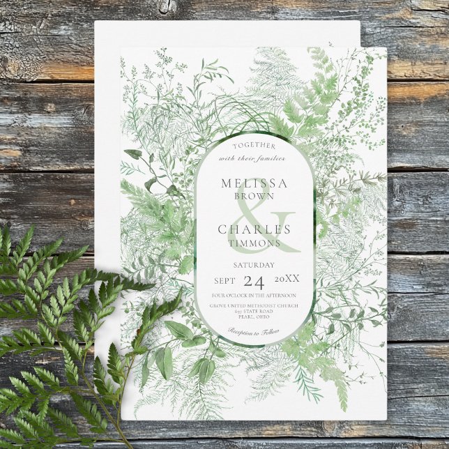 Convite Casamento Branco com Folhagem Verde de Samambaia R (Rustic Fern Green Foliage White Wedding Invitation)