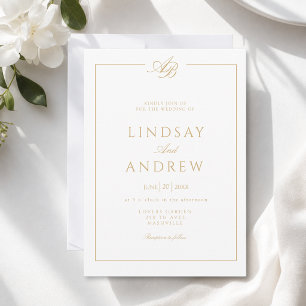 Convite Casamento Branco com Fronteira de Monograma Elegan