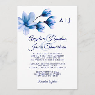 Convite Casamento Branco com Marinho Azul Floral de Cor Vá