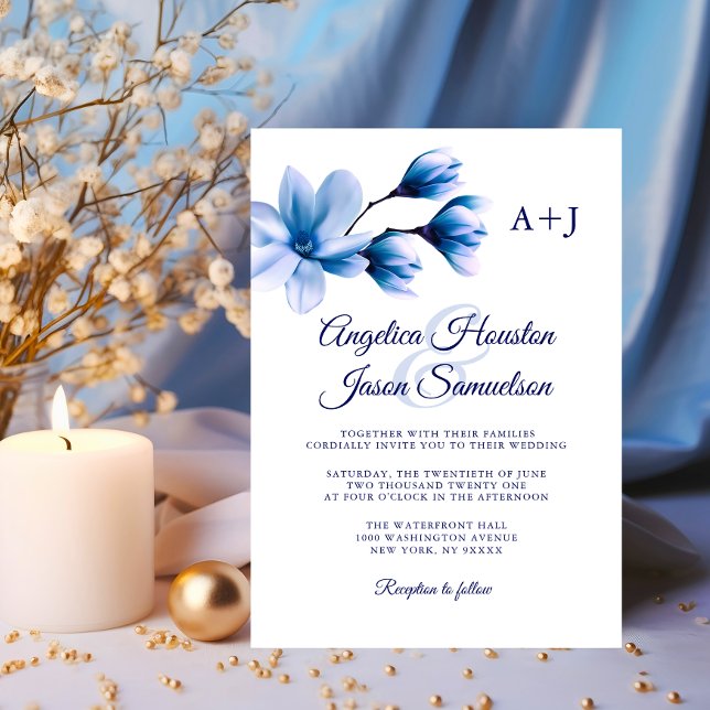 Convite Casamento Branco com Marinho Azul Floral de Cor Vá (Modern Watercolor Floral Blue Navy White Wedding Invitation)