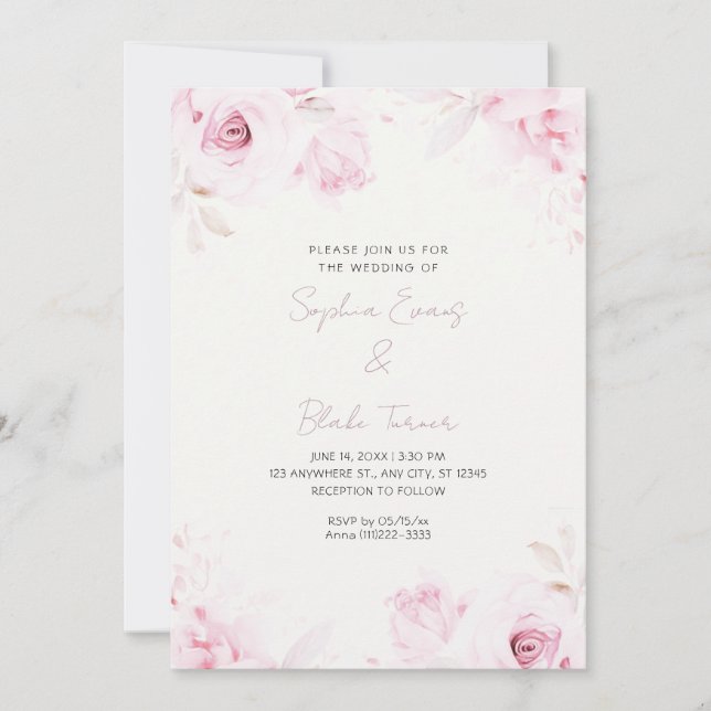 Convite Casamento branco com rosas rosa romântica (Frente)